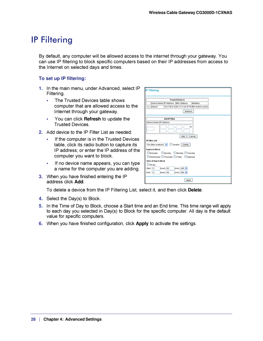 Gateway CG3000D-1CXNAS user manual IP Filtering, To set up IP filtering 