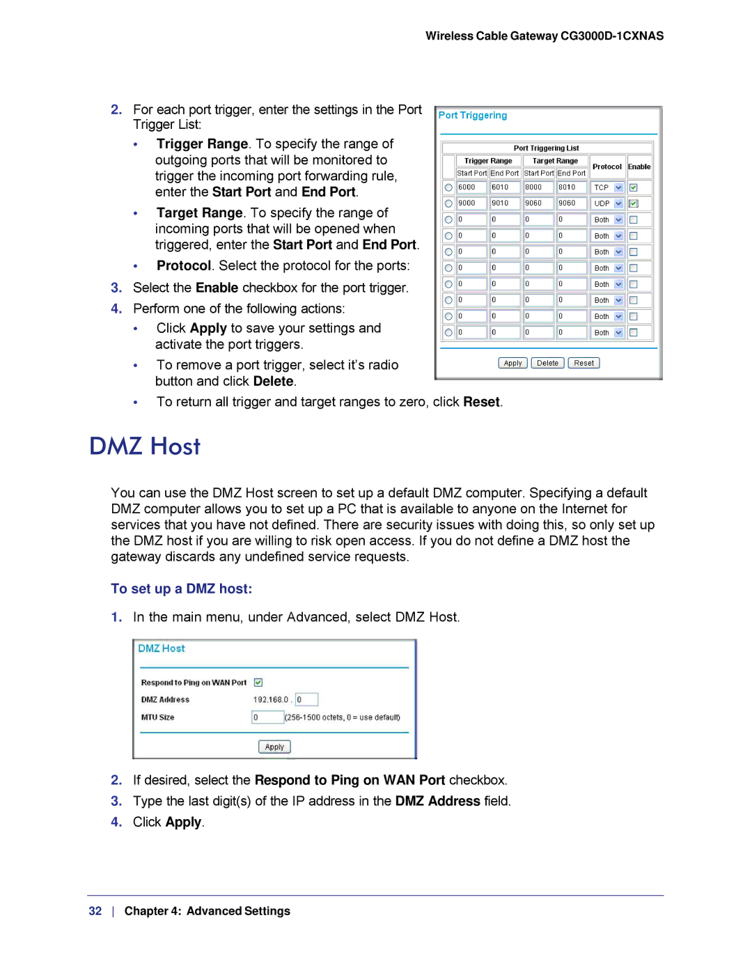 Gateway CG3000D-1CXNAS user manual DMZ Host, To set up a DMZ host 