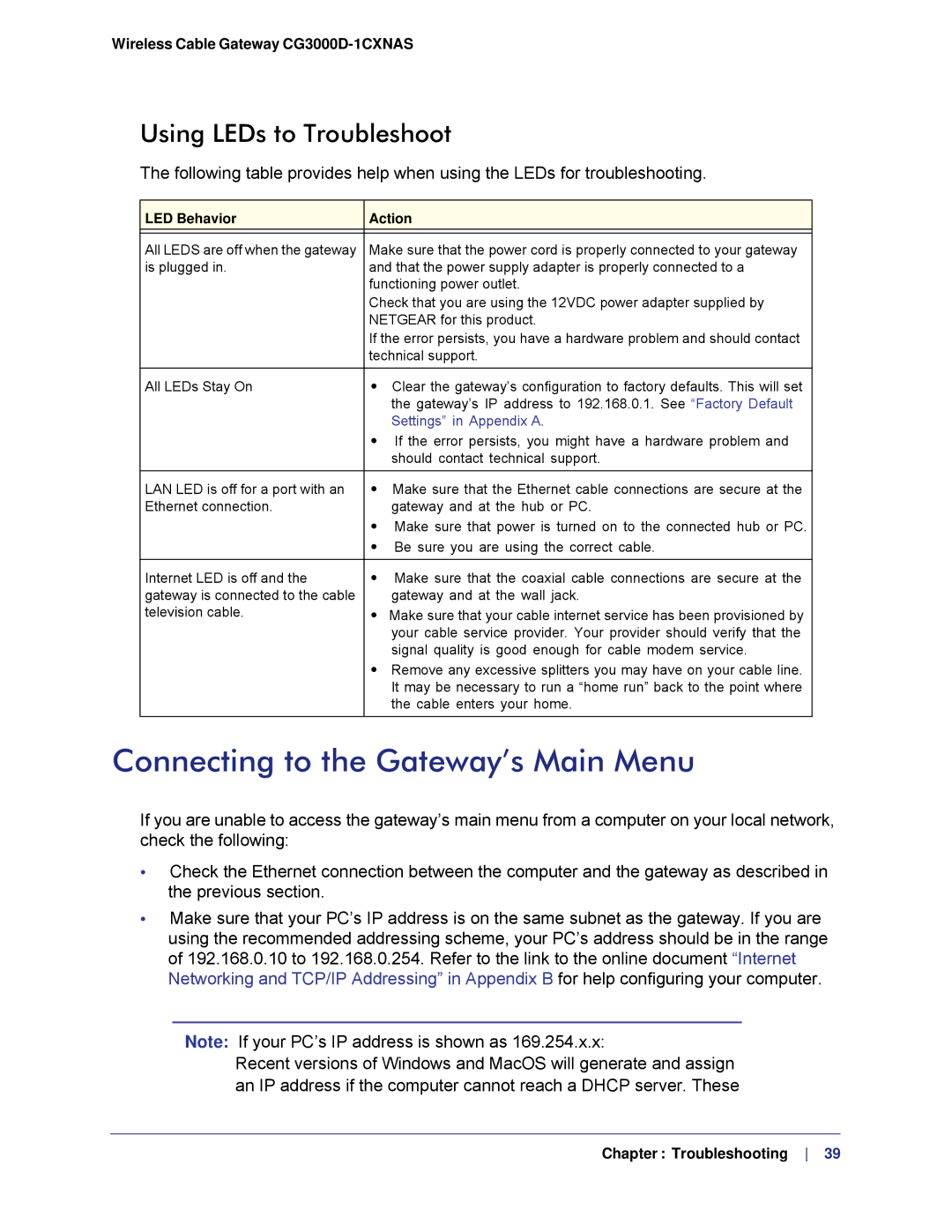 Gateway CG3000D-1CXNAS user manual Connecting to the Gateway’s Main Menu, Using LEDs to Troubleshoot, LED Behavior Action 