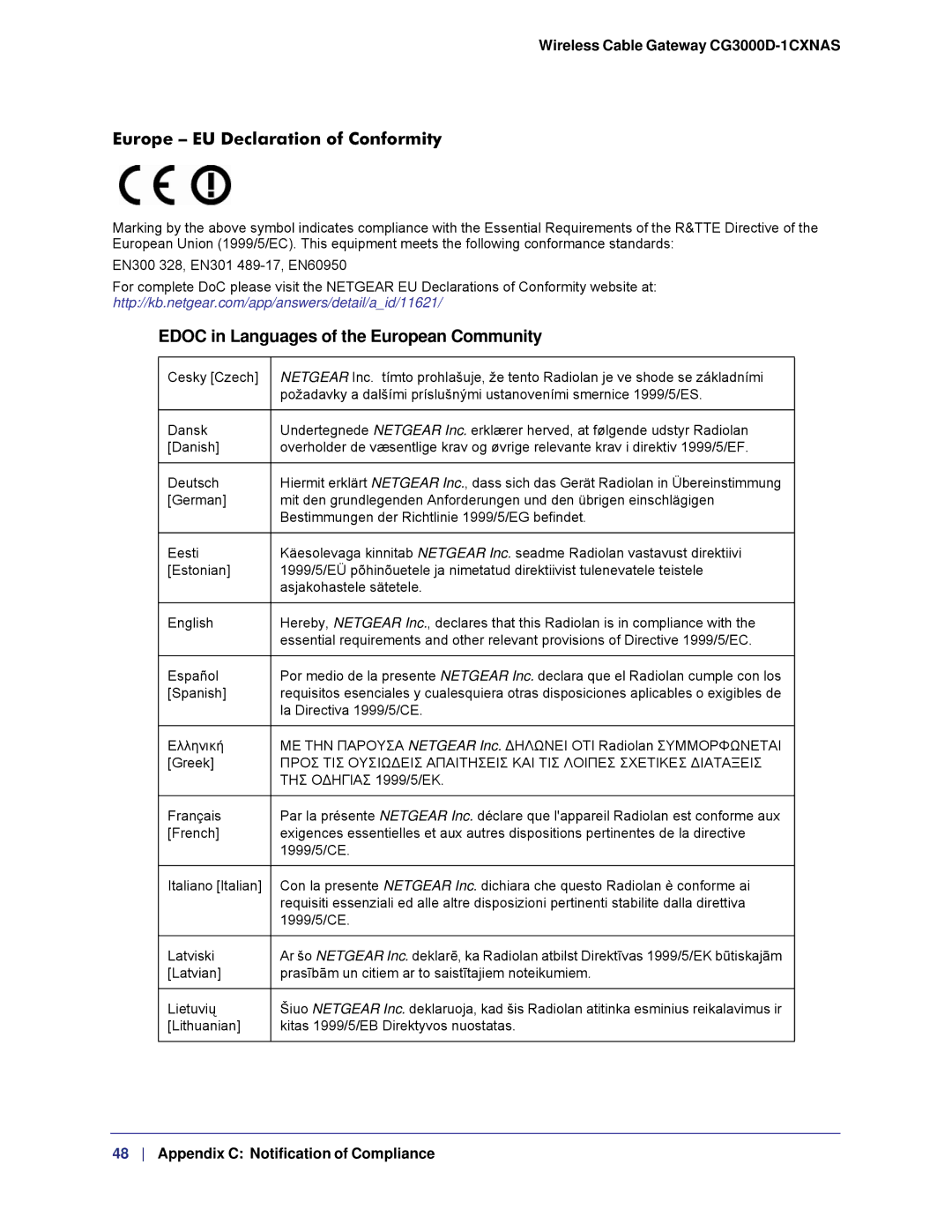 Gateway CG3000D-1CXNAS user manual Europe EU Declaration of Conformity 