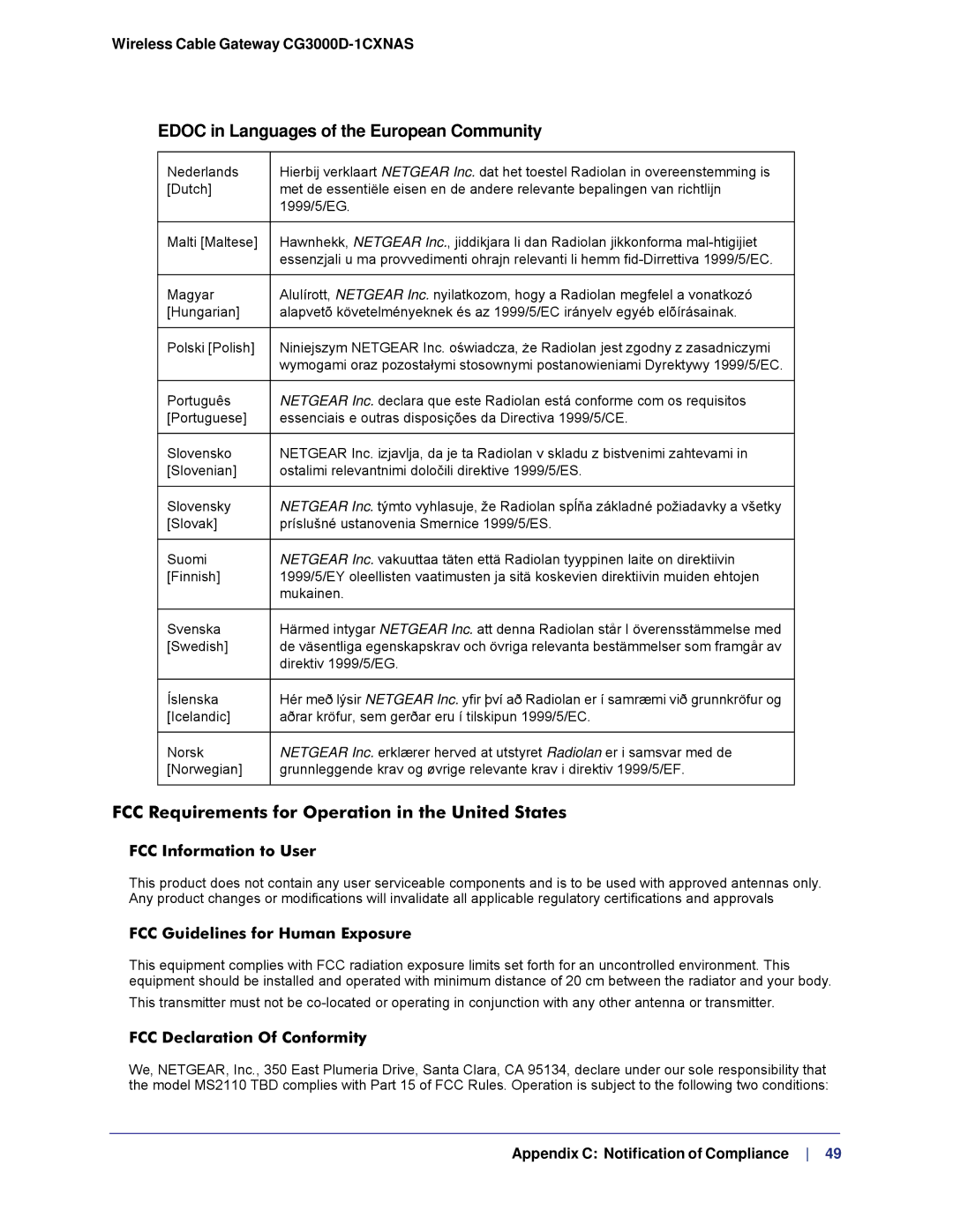 Gateway CG3000D-1CXNAS user manual FCC Requirements for Operation in the United States 