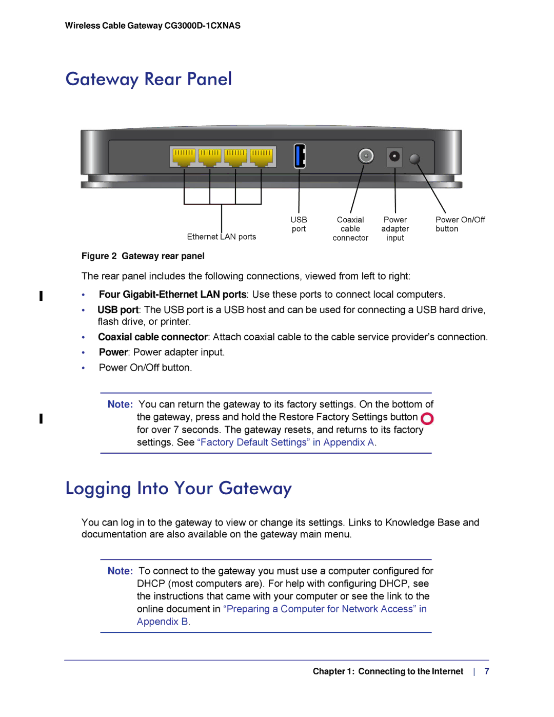 Gateway CG3000D-1CXNAS user manual Gateway Rear Panel, Logging Into Your Gateway 