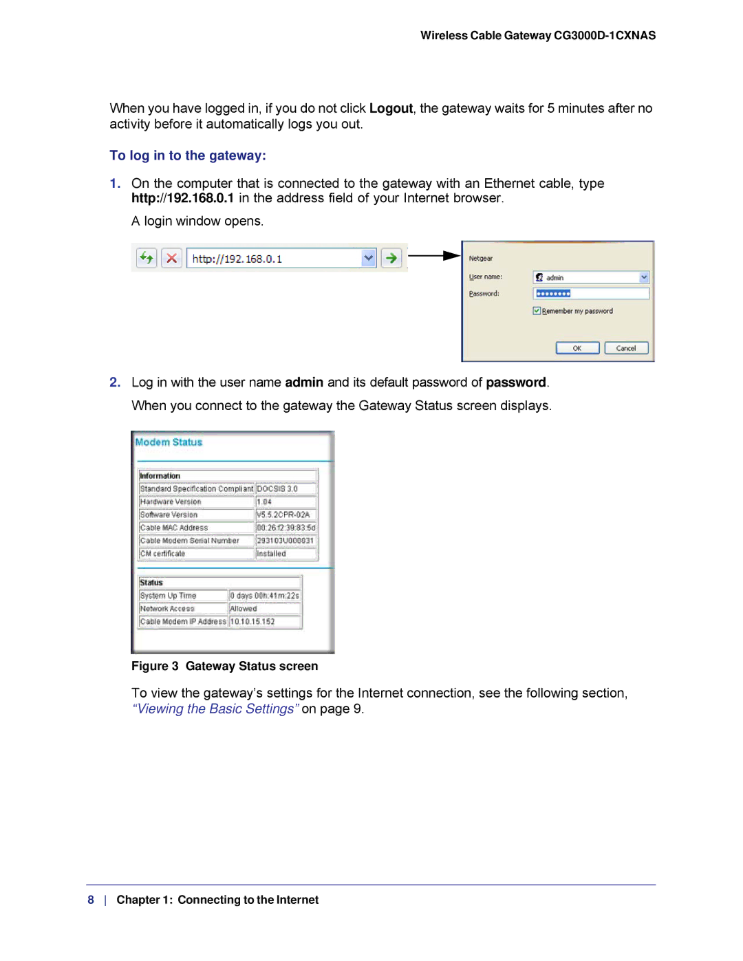 Gateway CG3000D-1CXNAS user manual To log in to the gateway, Gateway Status screen 