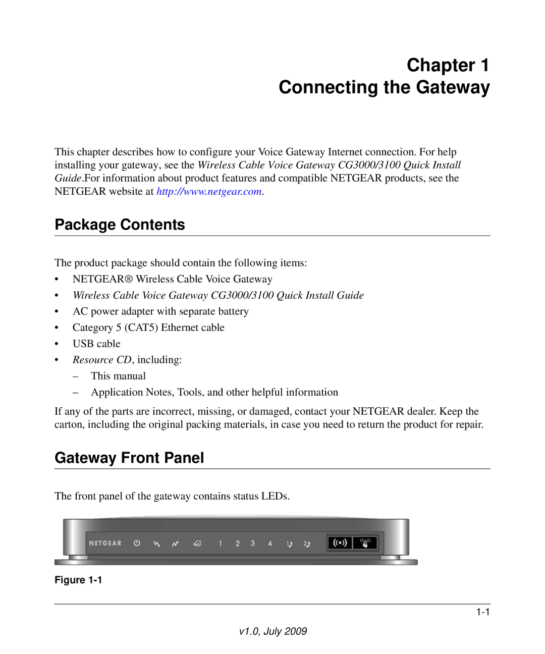 Gateway CG3000, CG3100 manual Chapter Connecting the Gateway, Package Contents, Gateway Front Panel 