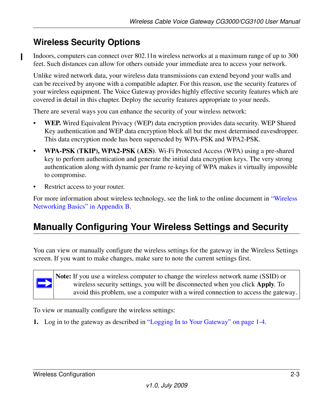 Gateway CG3000, CG3100 manual Manually Configuring Your Wireless Settings and Security, Wireless Security Options 