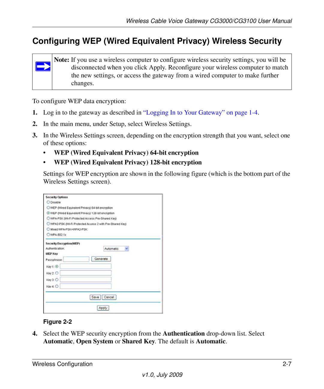 Gateway CG3000, CG3100 manual Configuring WEP Wired Equivalent Privacy Wireless Security 