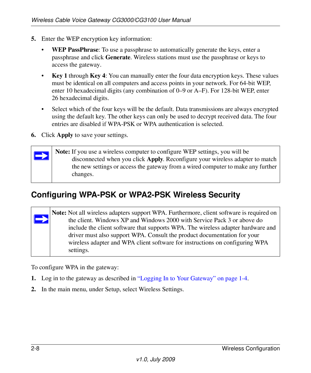 Gateway CG3100, CG3000 manual Configuring WPA-PSK or WPA2-PSK Wireless Security 