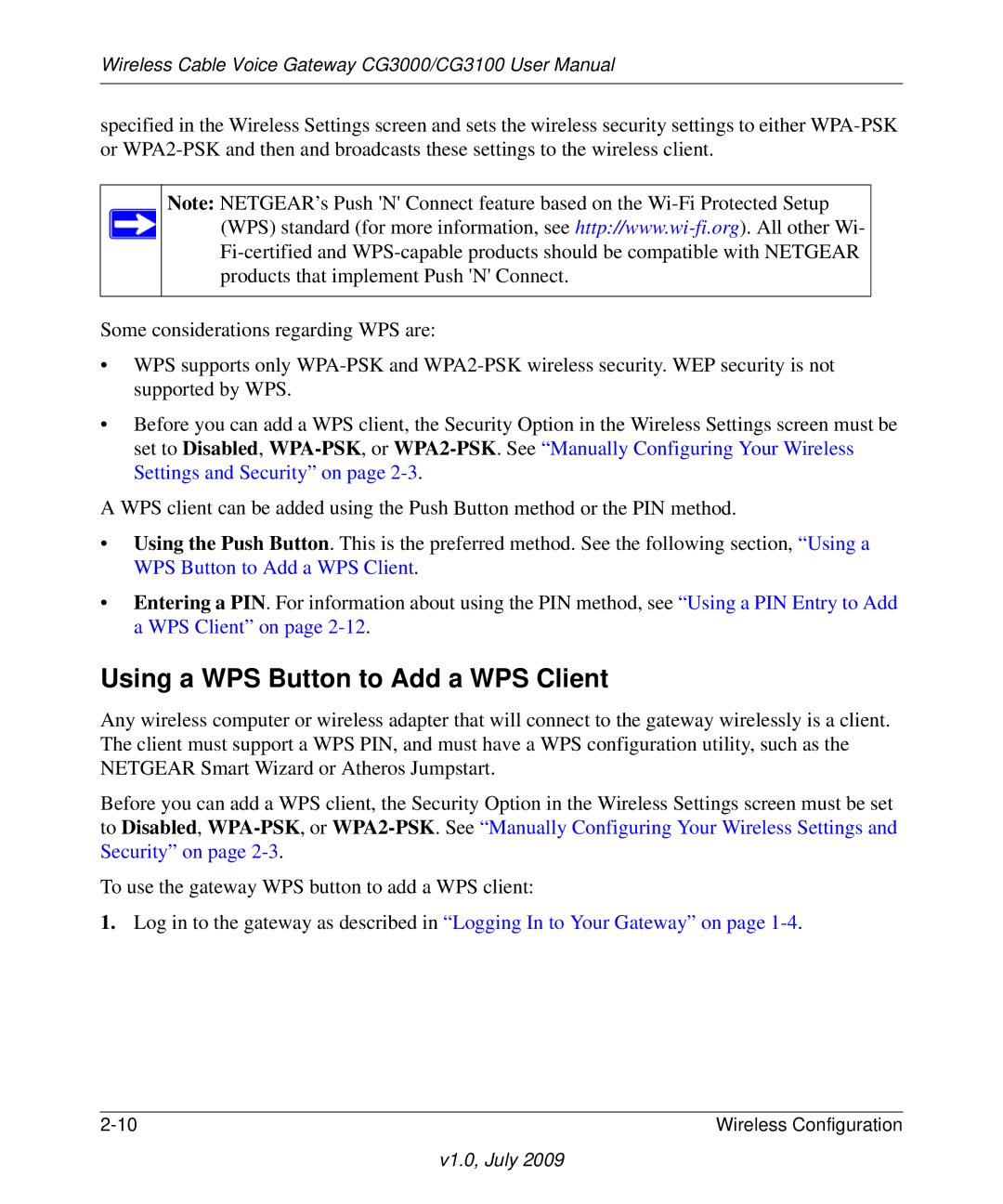 Gateway CG3100, CG3000 manual Using a WPS Button to Add a WPS Client 
