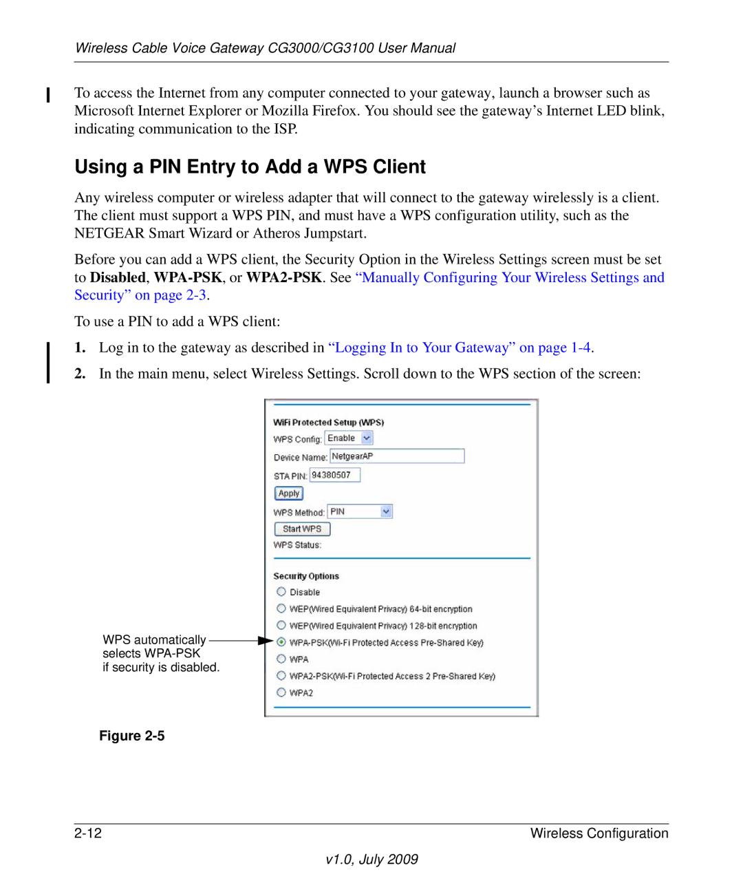 Gateway CG3100, CG3000 manual Using a PIN Entry to Add a WPS Client 