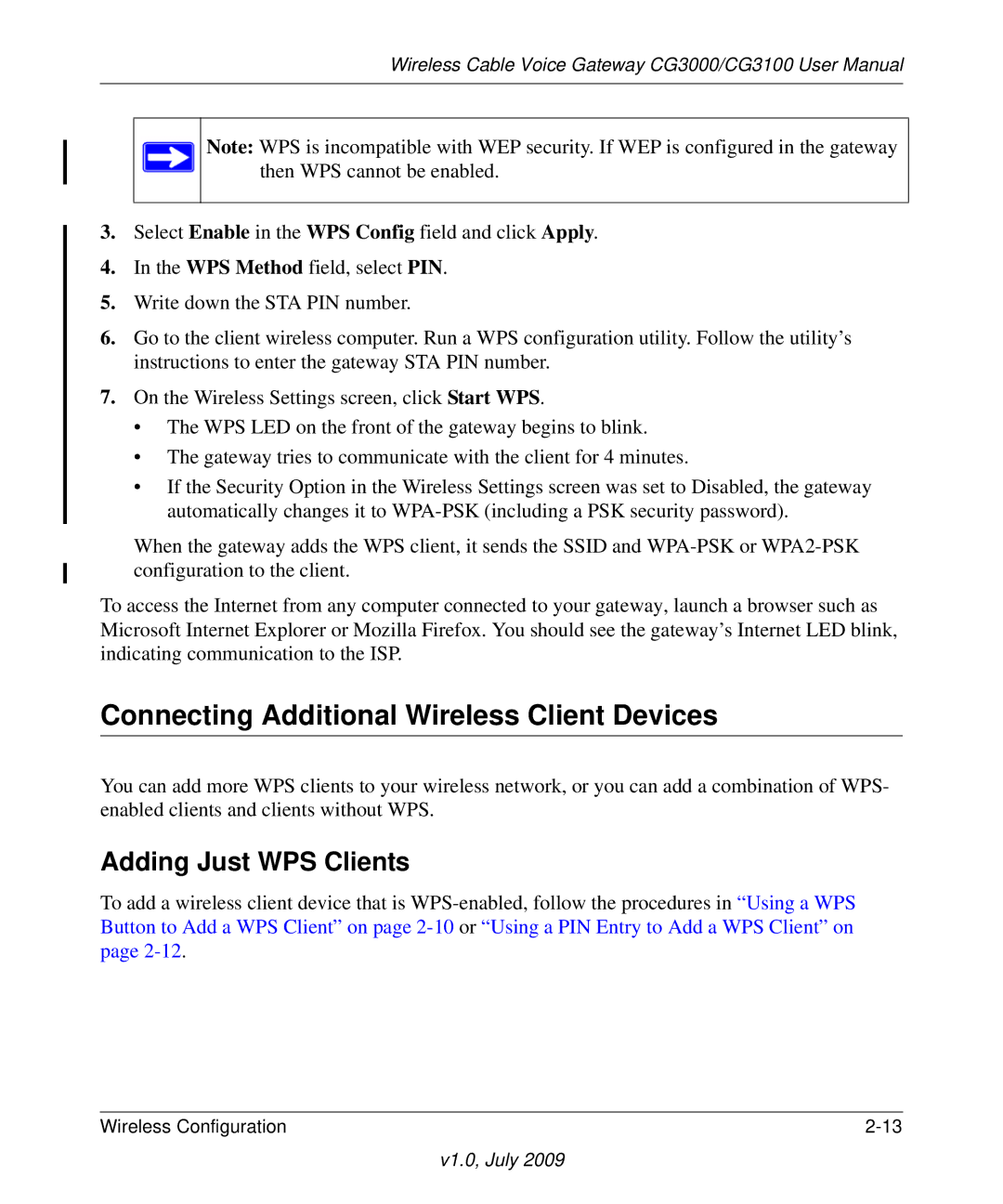 Gateway CG3000, CG3100 manual Connecting Additional Wireless Client Devices, Adding Just WPS Clients 