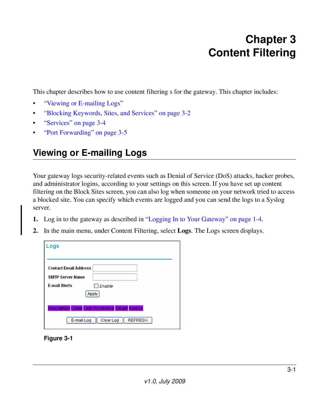 Gateway CG3000, CG3100 manual Chapter Content Filtering, Viewing or E-mailing Logs 