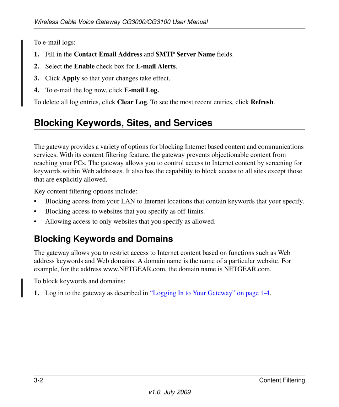 Gateway CG3100, CG3000 manual Blocking Keywords, Sites, and Services, Blocking Keywords and Domains 