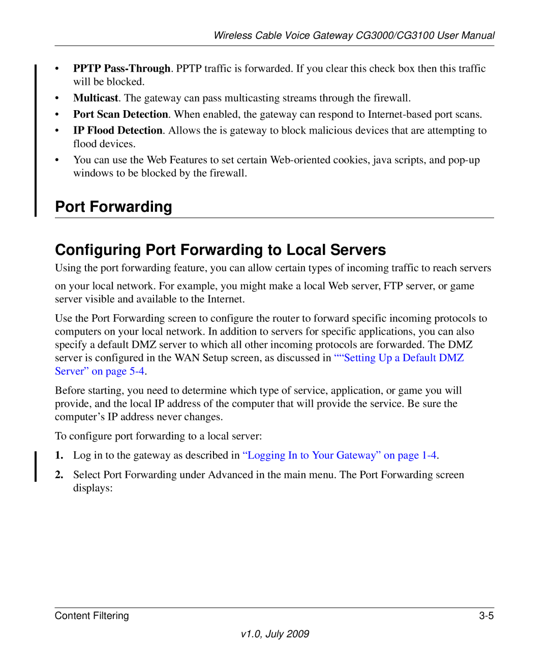 Gateway CG3000, CG3100 manual Port Forwarding Configuring Port Forwarding to Local Servers 