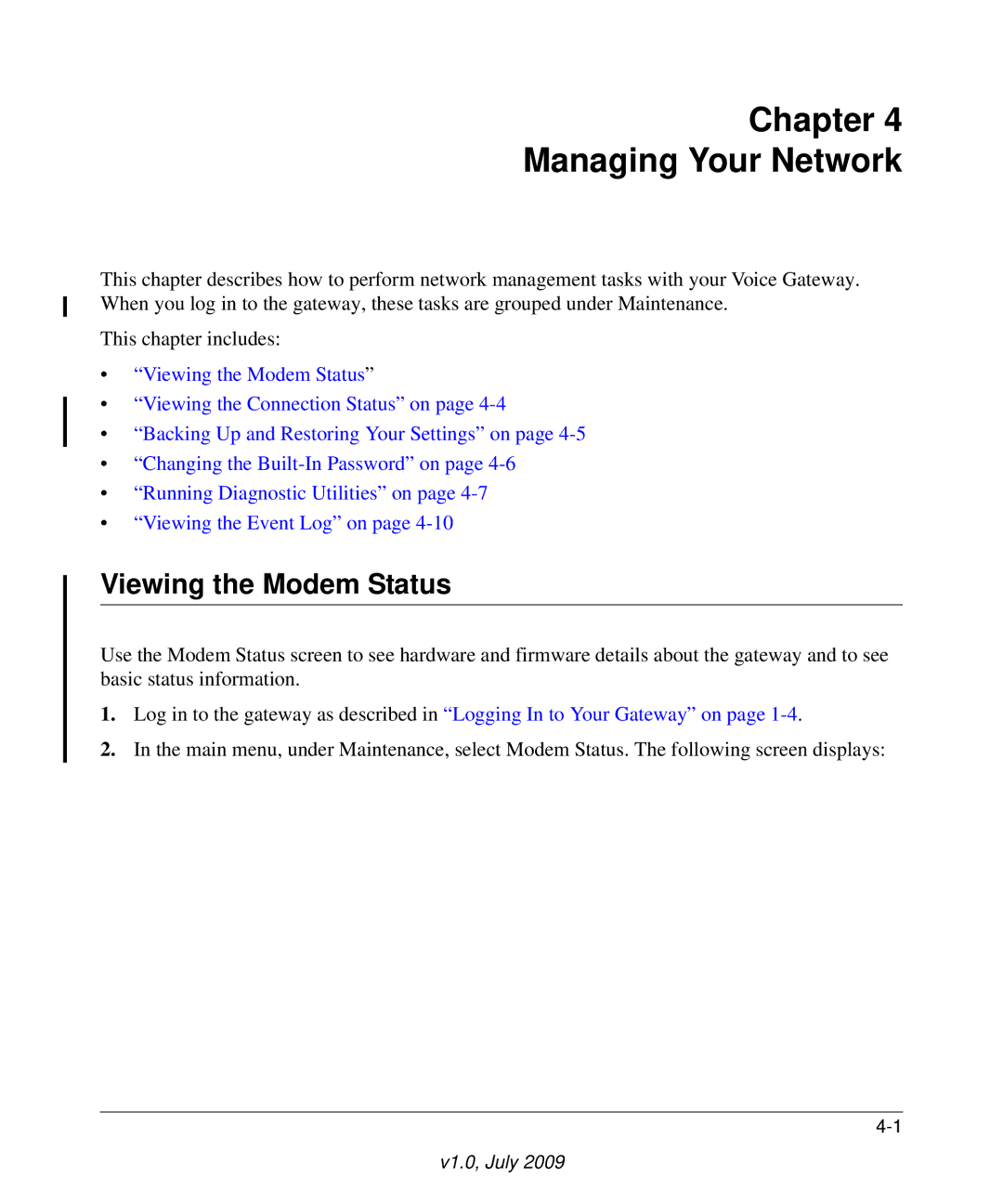 Gateway CG3000, CG3100 manual Chapter Managing Your Network, Viewing the Modem Status 