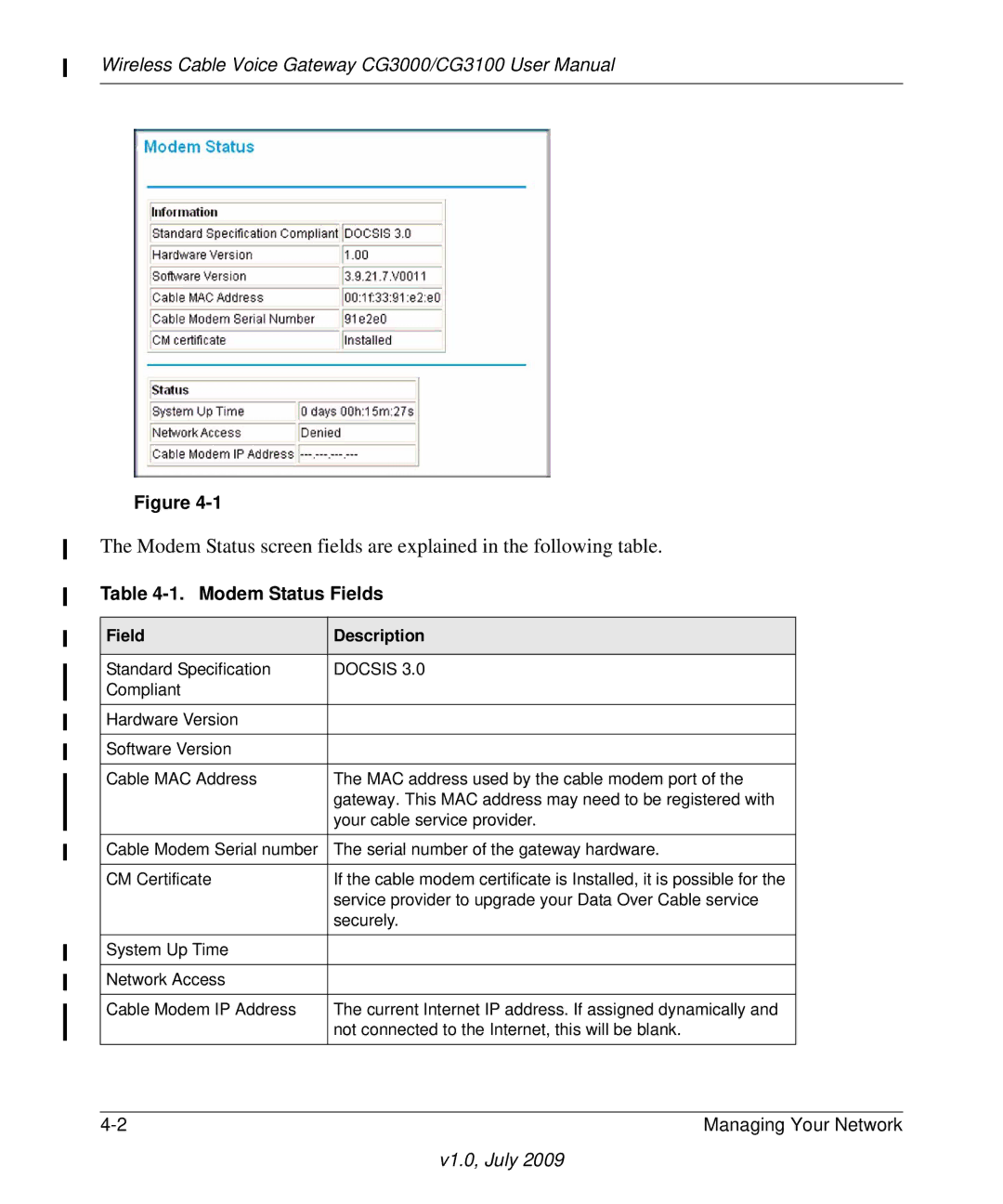 Gateway CG3100, CG3000 manual Modem Status Fields, Field Description 