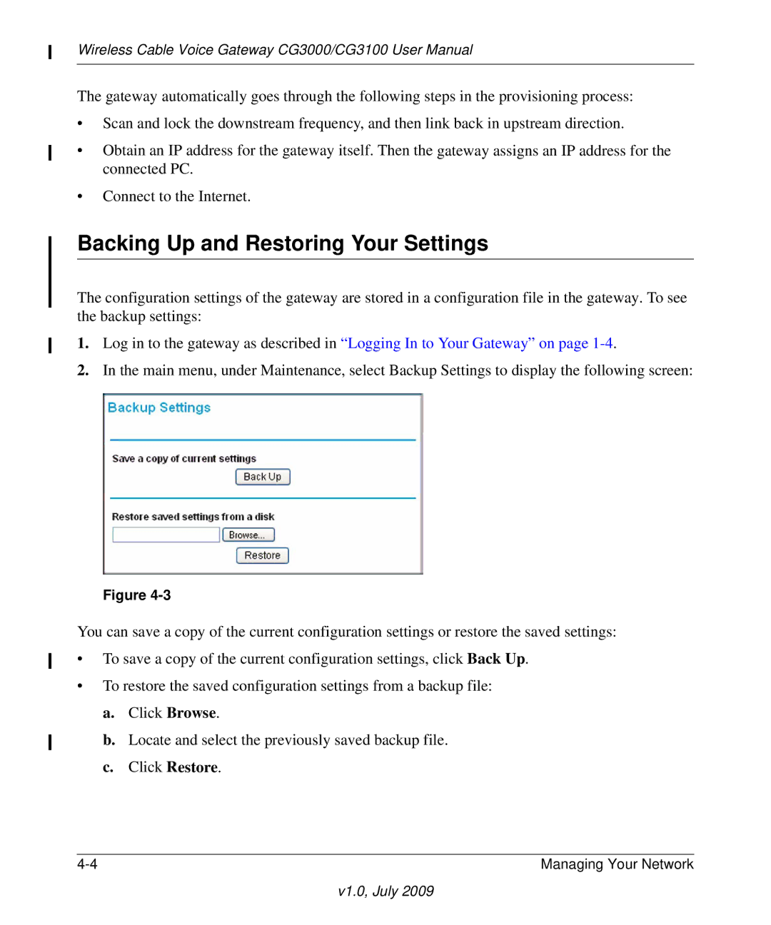 Gateway CG3100, CG3000 manual Backing Up and Restoring Your Settings 