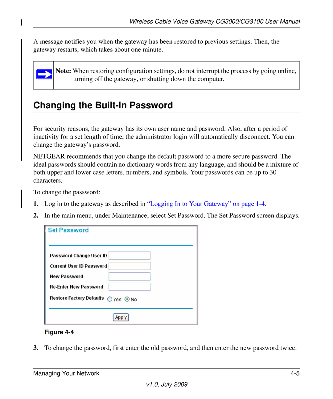 Gateway CG3000, CG3100 manual Changing the Built-In Password 