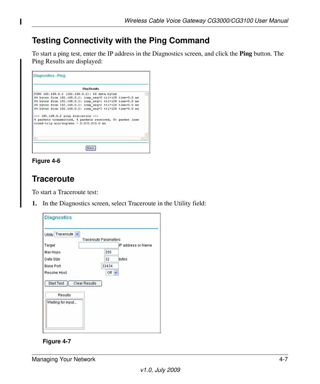 Gateway CG3000, CG3100 manual Testing Connectivity with the Ping Command, Traceroute 