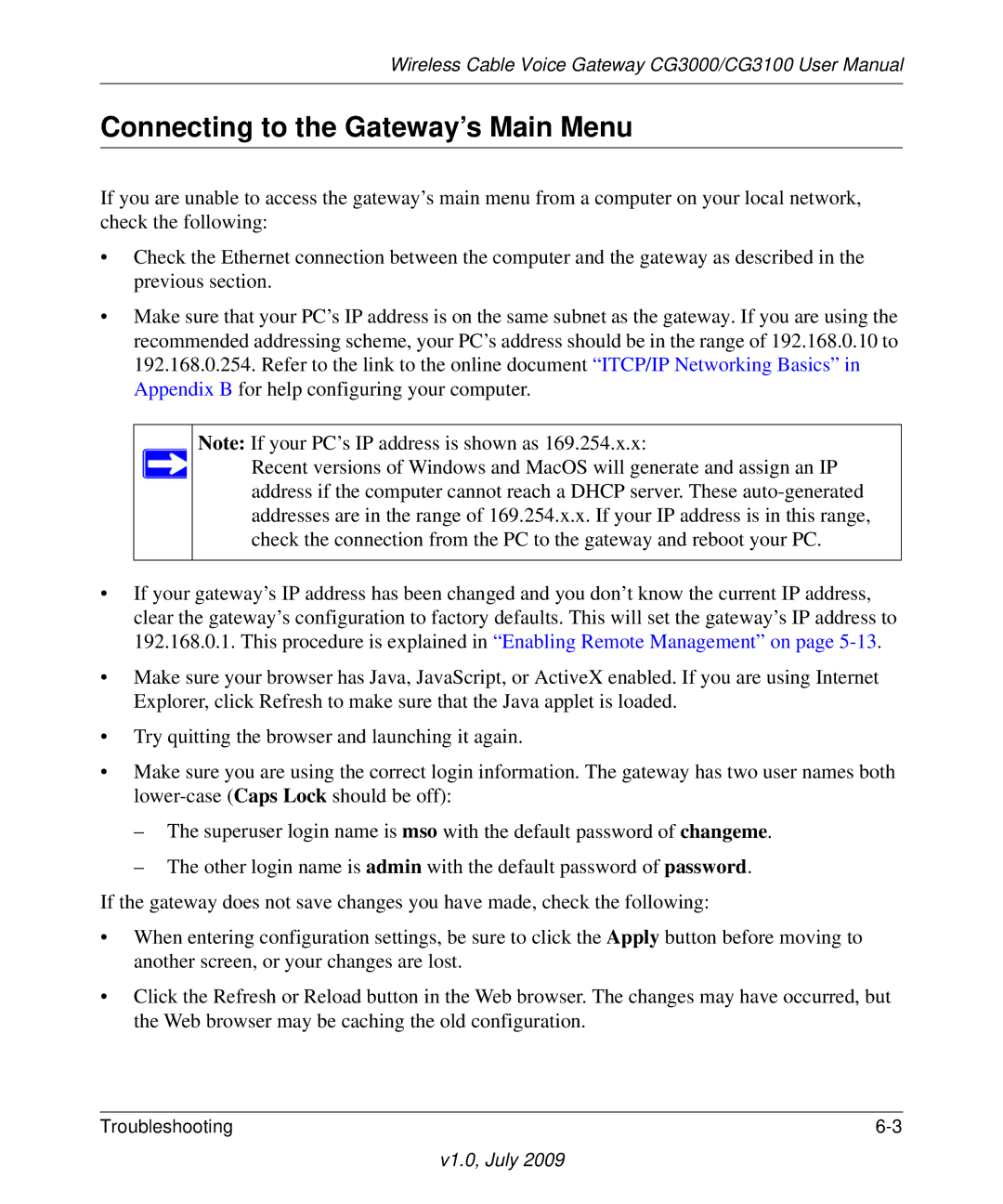 Gateway CG3000, CG3100 manual Connecting to the Gateway’s Main Menu 