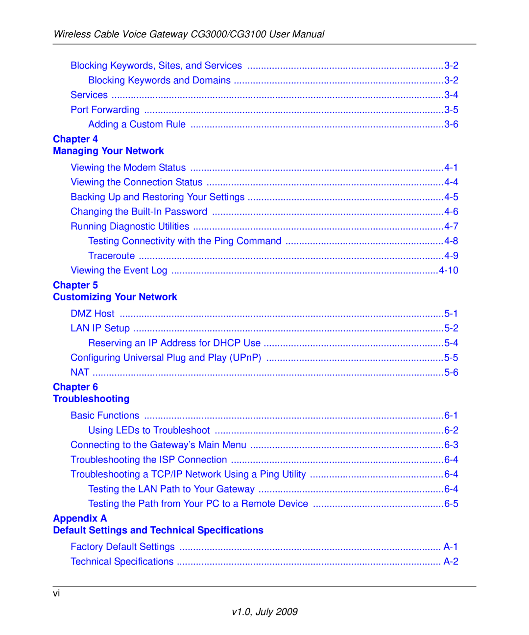 Gateway CG3100, CG3000 manual Appendix a Default Settings and Technical Specifications 