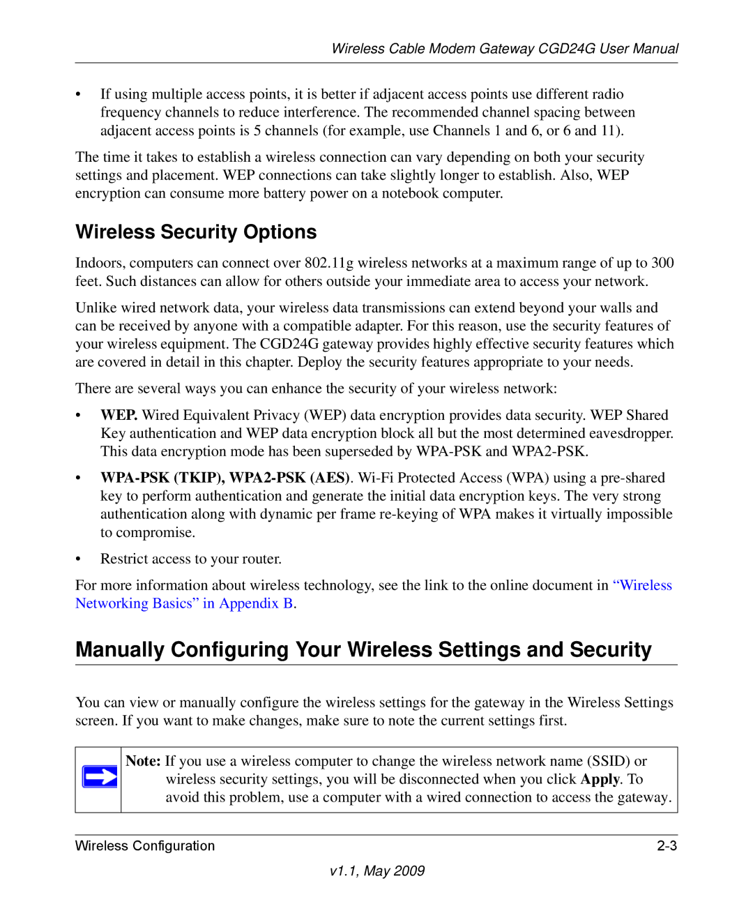 Gateway CGD24G user manual Manually Configuring Your Wireless Settings and Security, Wireless Security Options 