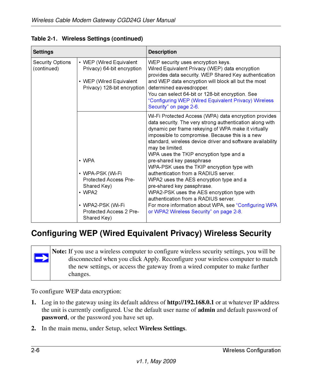 Gateway CGD24G user manual Configuring WEP Wired Equivalent Privacy Wireless Security, Security on 