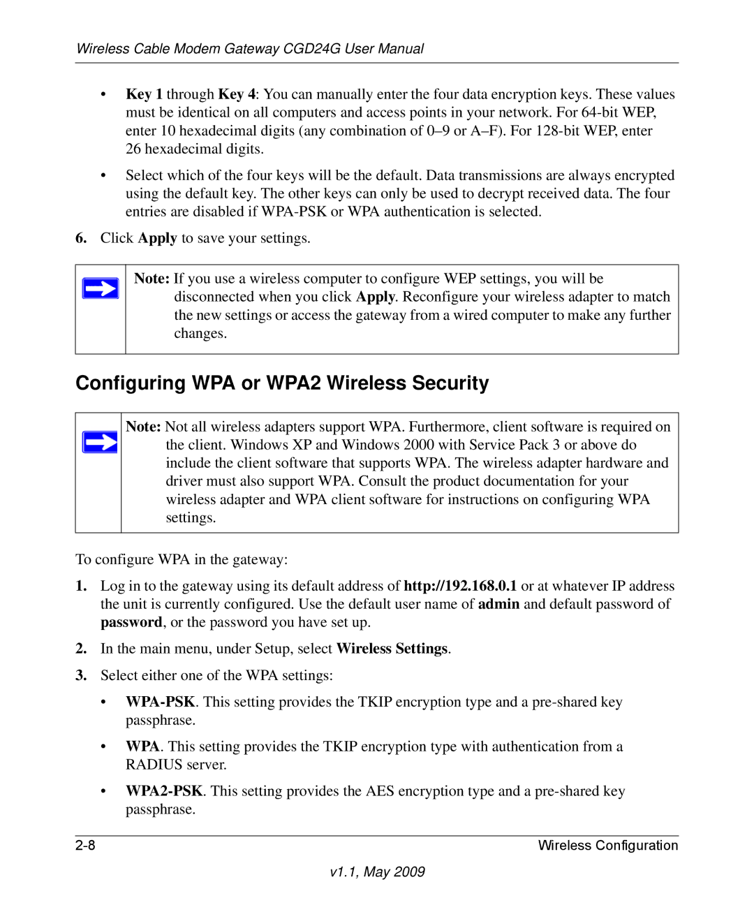 Gateway CGD24G user manual Configuring WPA or WPA2 Wireless Security 
