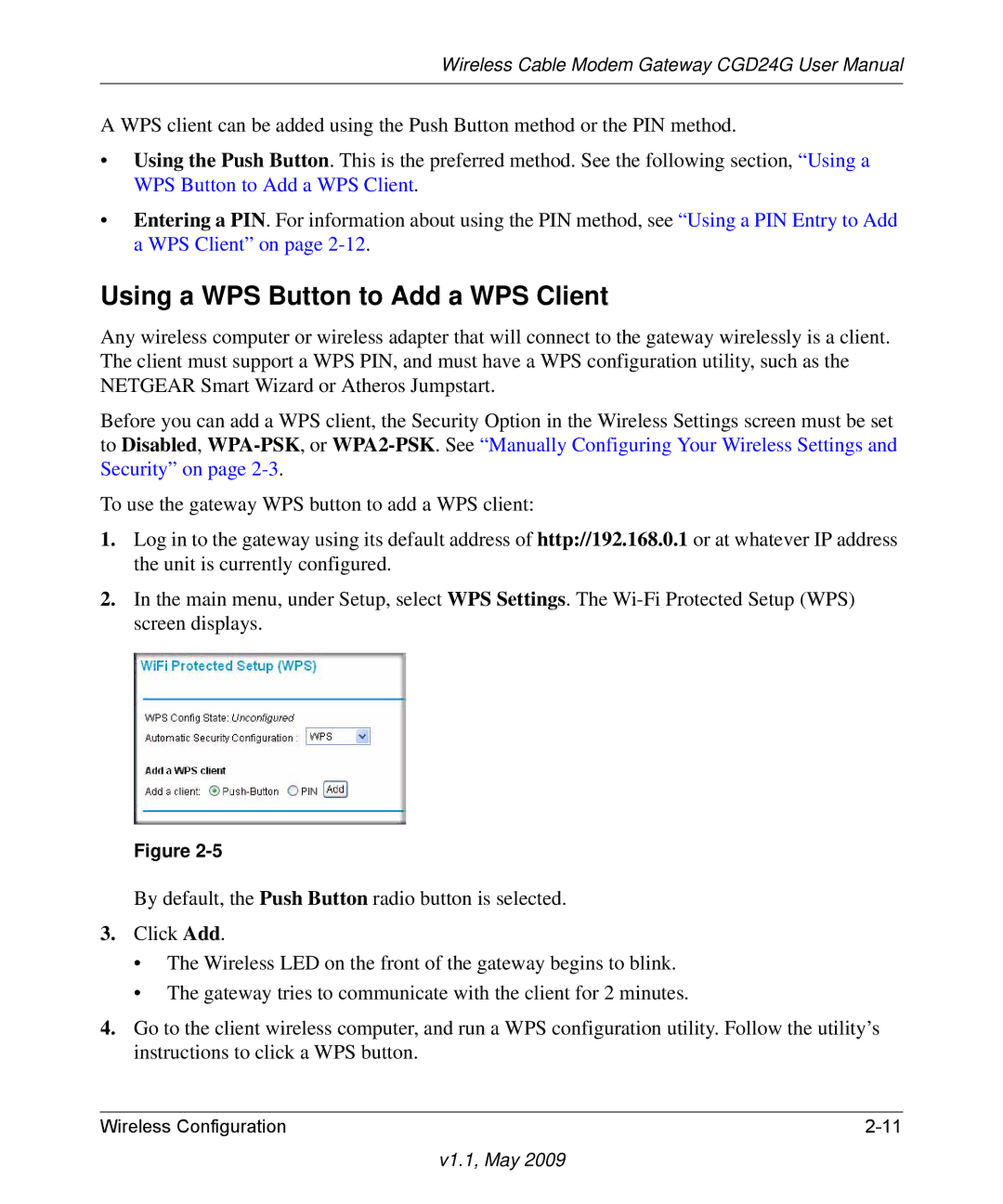 Gateway CGD24G user manual Using a WPS Button to Add a WPS Client 