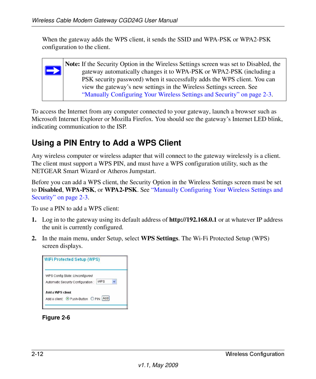 Gateway CGD24G user manual Using a PIN Entry to Add a WPS Client 