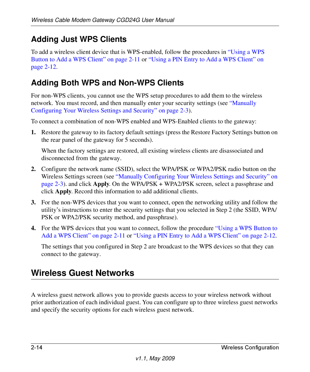 Gateway CGD24G user manual Wireless Guest Networks, Adding Just WPS Clients, Adding Both WPS and Non-WPS Clients 