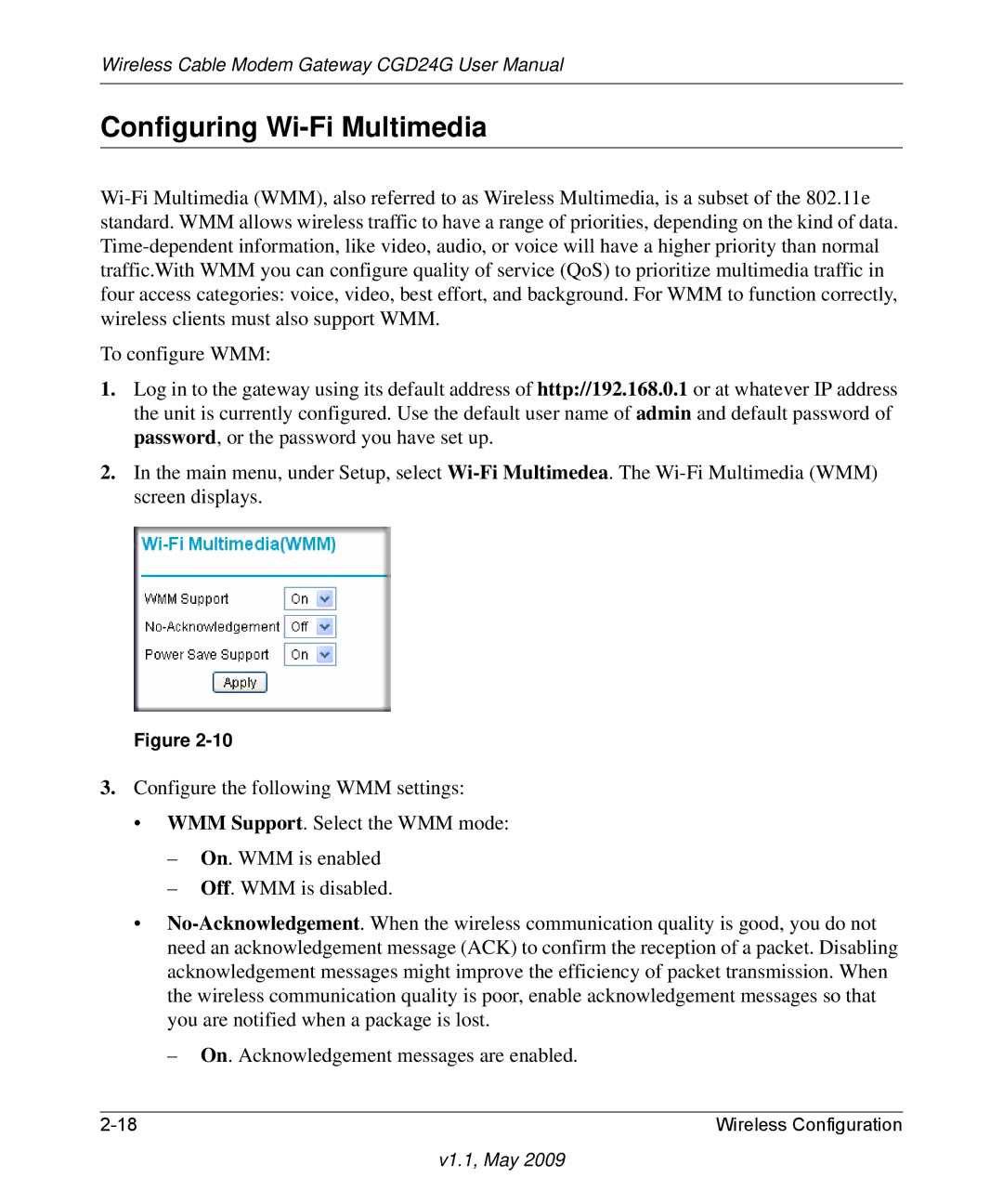 Gateway CGD24G user manual Configuring Wi-Fi Multimedia 