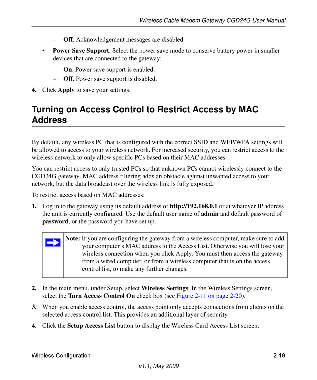 Gateway CGD24G user manual Turning on Access Control to Restrict Access by MAC Address 