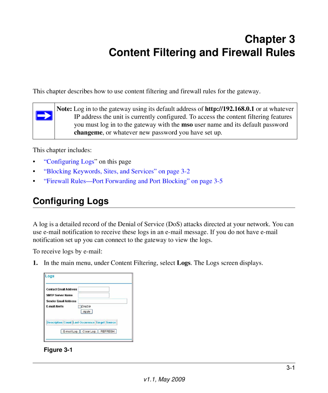 Gateway CGD24G user manual Chapter Content Filtering and Firewall Rules, Configuring Logs 