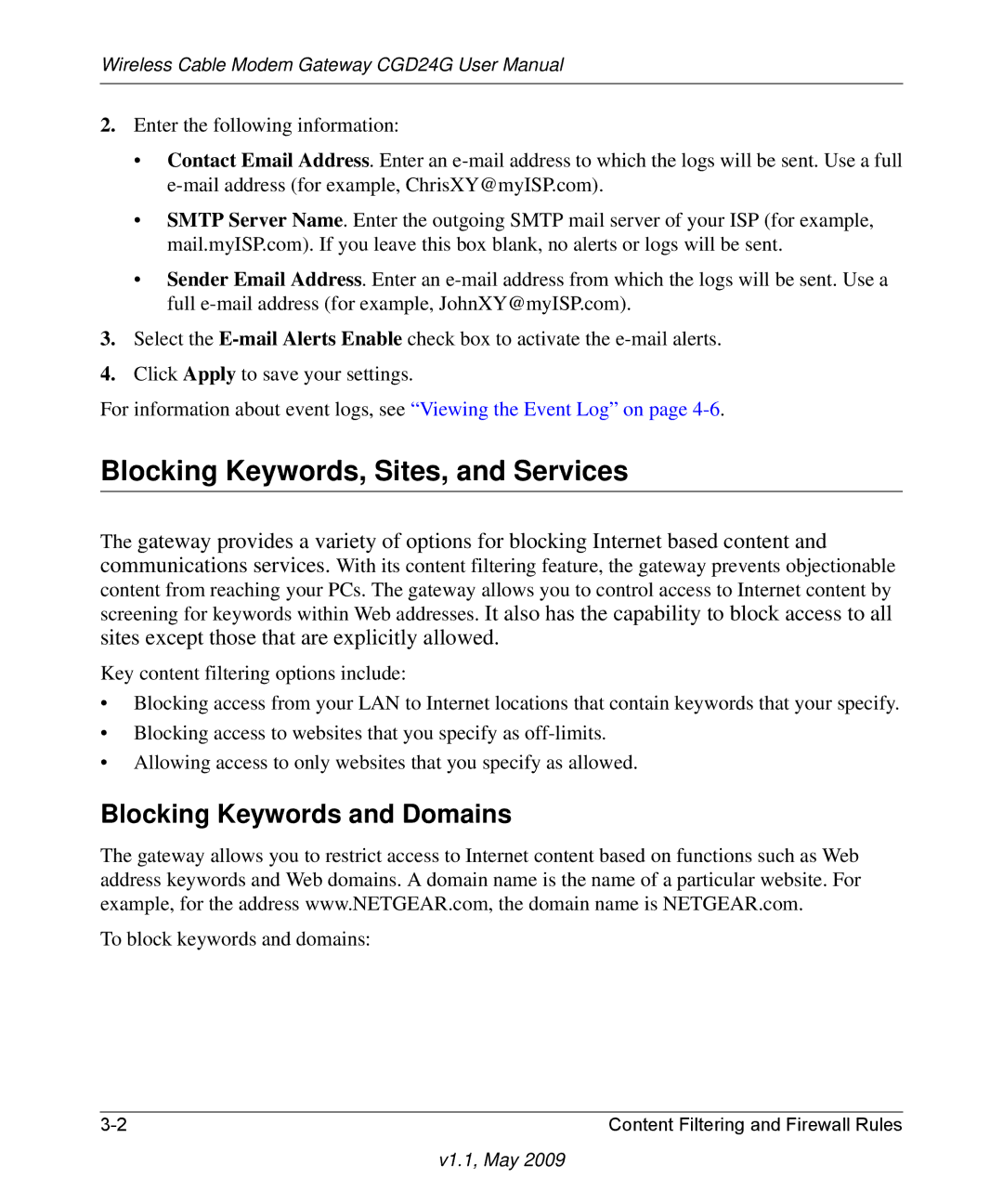 Gateway CGD24G user manual Blocking Keywords, Sites, and Services, Blocking Keywords and Domains 