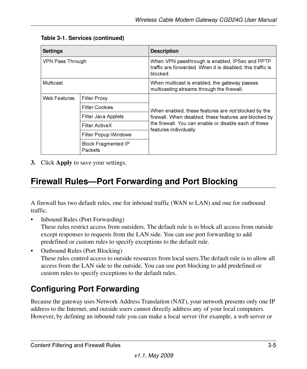 Gateway CGD24G user manual Firewall Rules-Port Forwarding and Port Blocking, Configuring Port Forwarding 