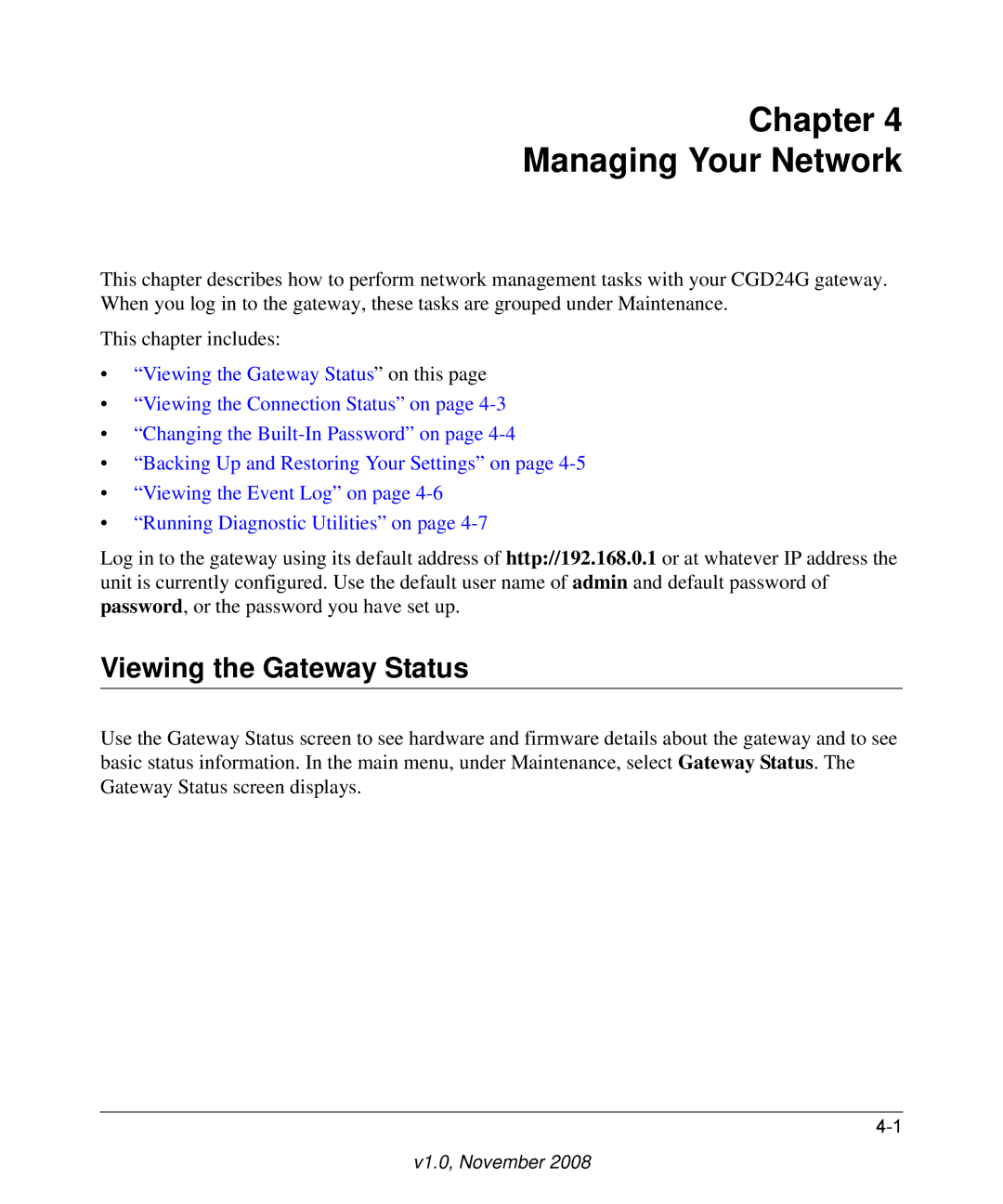 Gateway CGD24G user manual Chapter Managing Your Network, Viewing the Gateway Status 