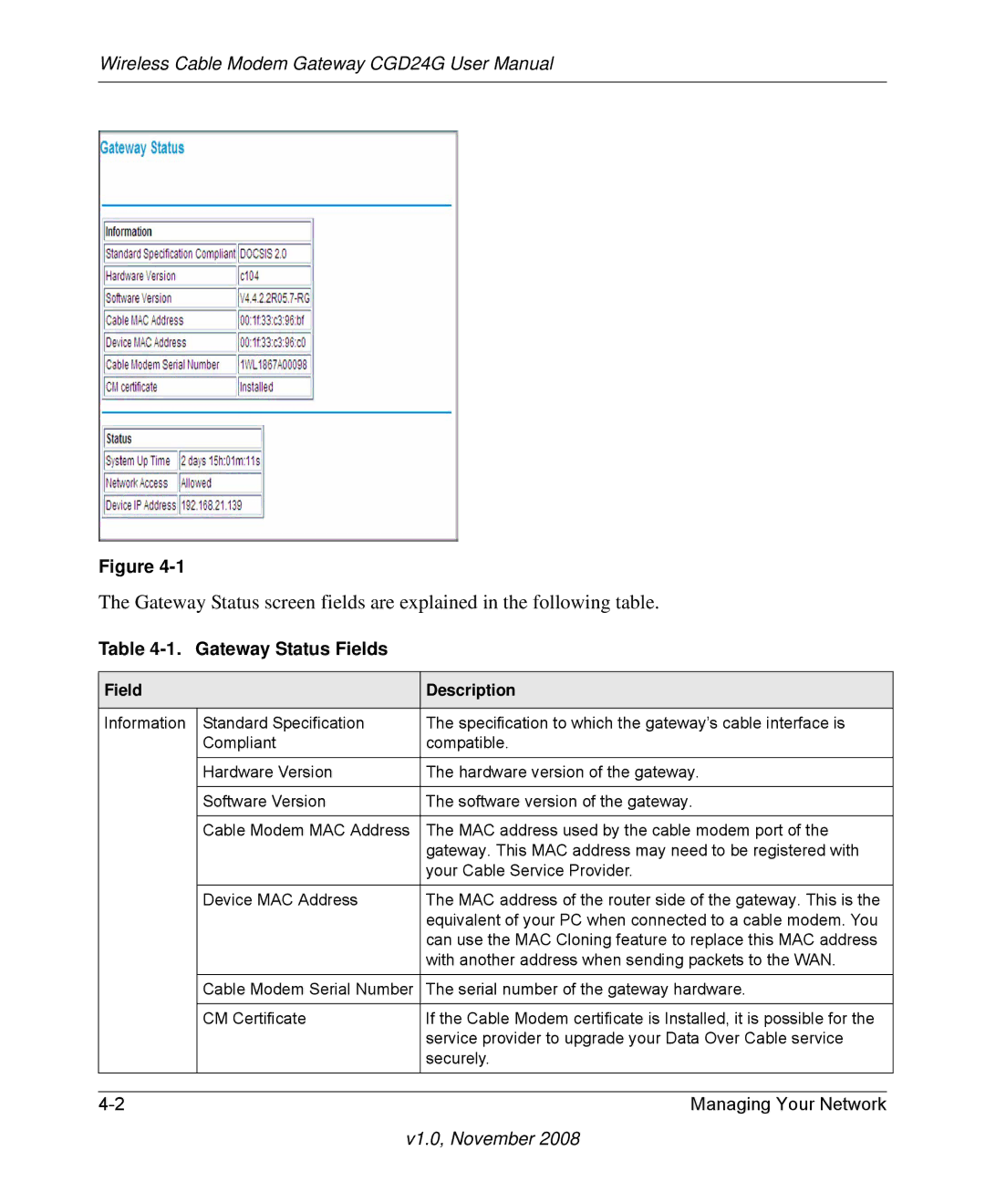 Gateway CGD24G user manual Gateway Status Fields, Field Description 