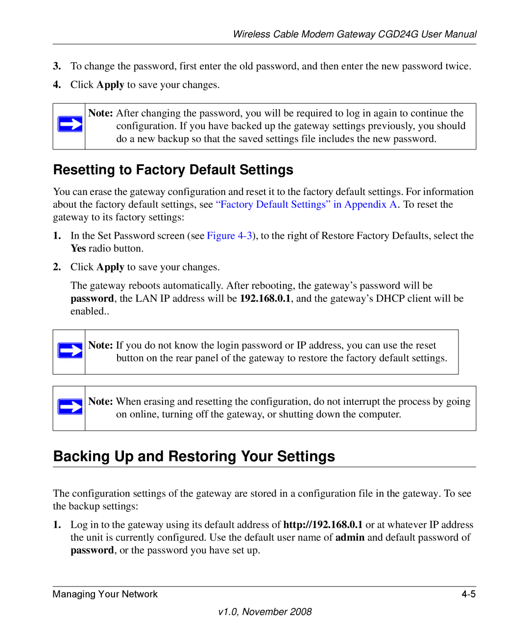 Gateway CGD24G user manual Backing Up and Restoring Your Settings, Resetting to Factory Default Settings 