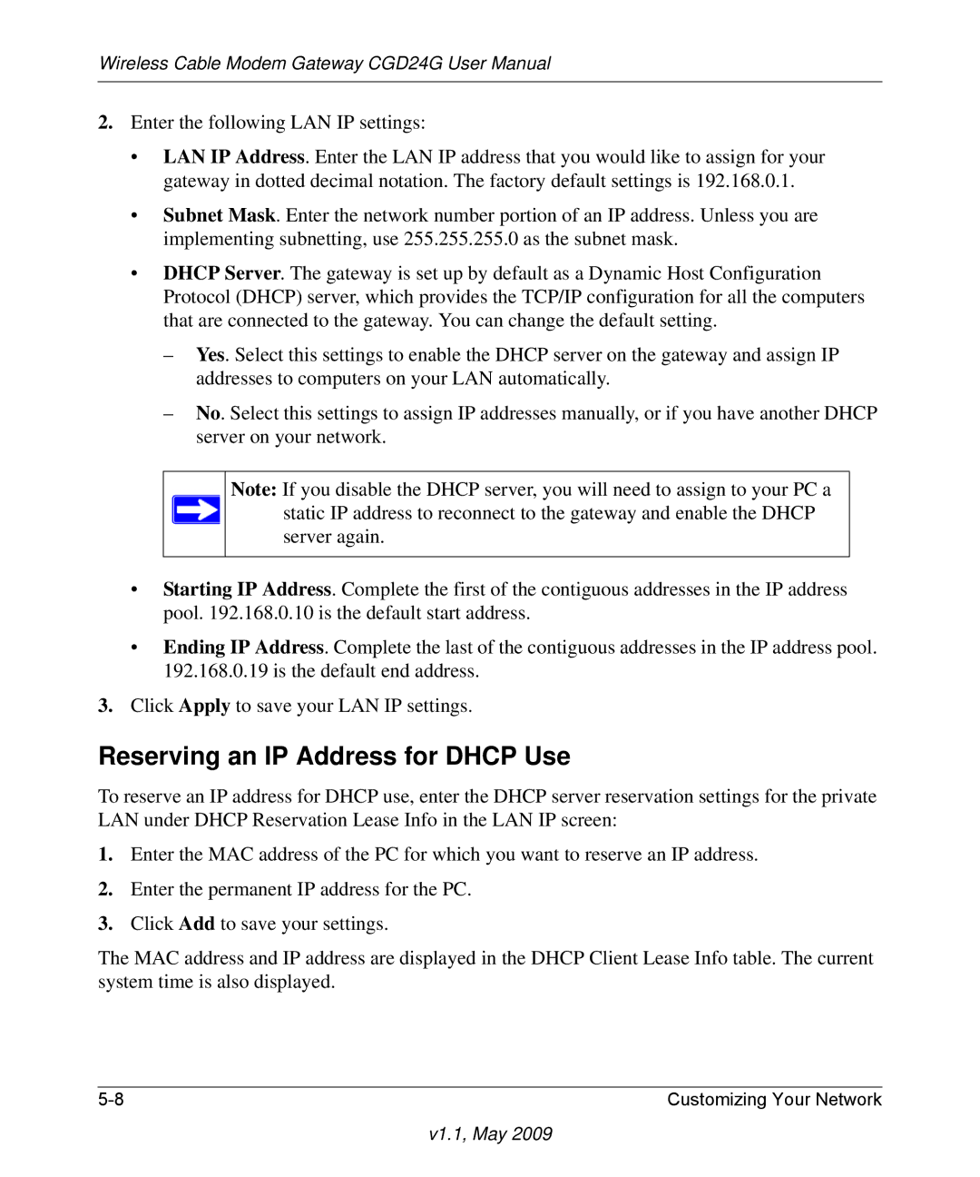 Gateway CGD24G user manual Reserving an IP Address for Dhcp Use 
