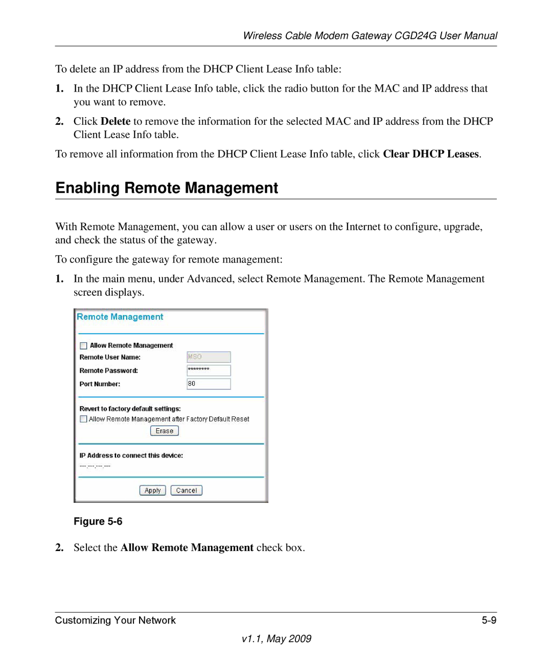 Gateway CGD24G user manual Enabling Remote Management, Select the Allow Remote Management check box 