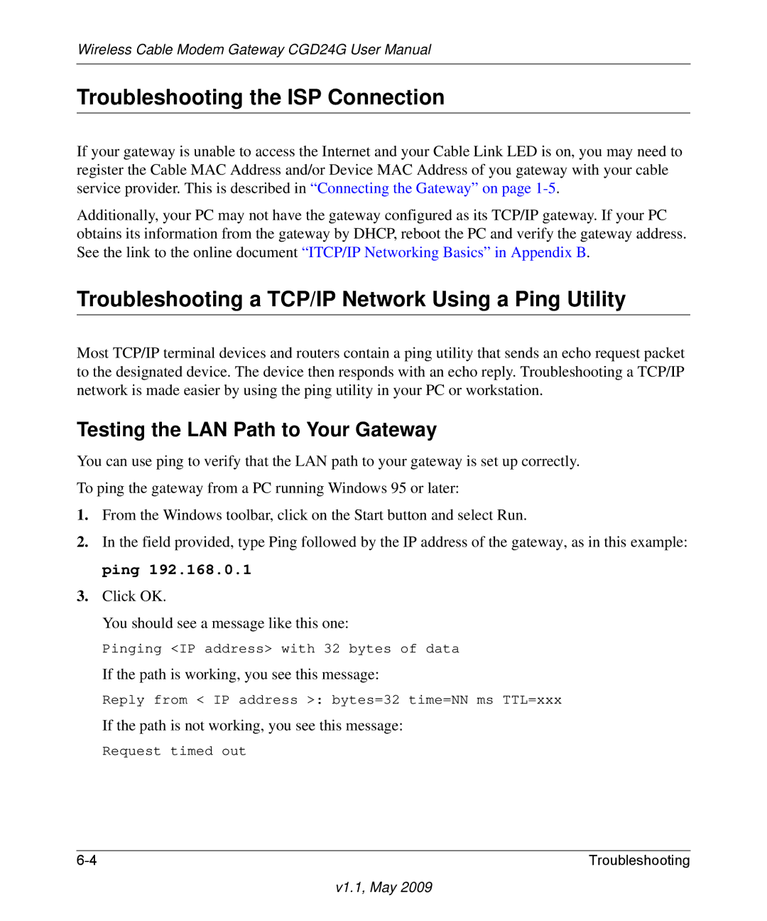 Gateway CGD24G user manual Troubleshooting the ISP Connection, Troubleshooting a TCP/IP Network Using a Ping Utility 