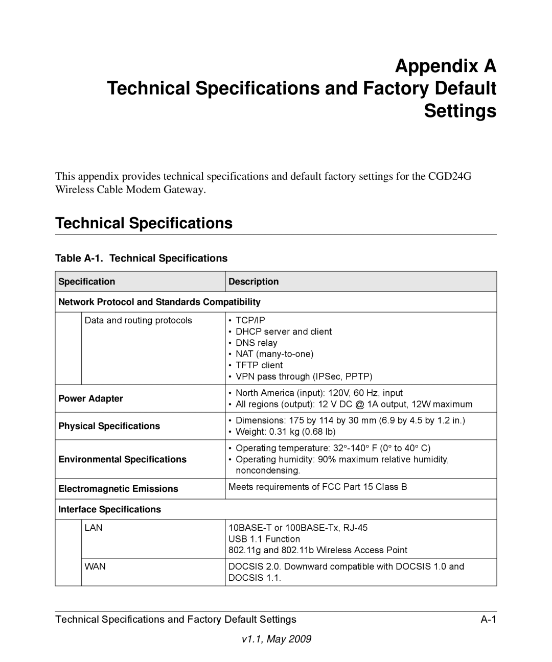 Gateway CGD24G user manual Table A-1. Technical Specifications 