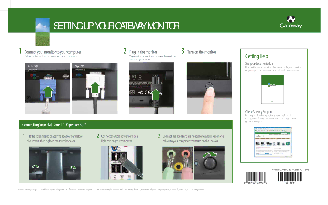 Gateway Computer Monitor specifications Setting UP Your Gateway Monitor, GettingHelp 