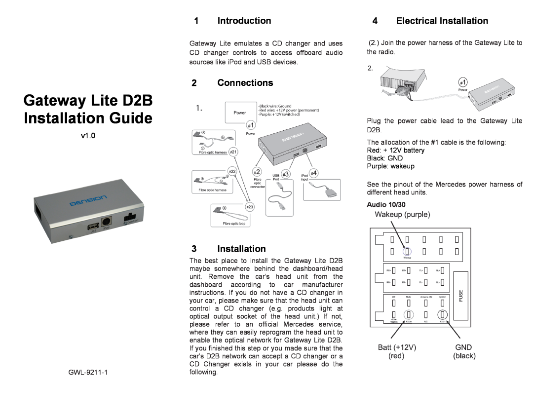 Gateway manual Introduction, Connections, Electrical Installation, Audio 10/30, Gateway Lite D2B Installation Guide 