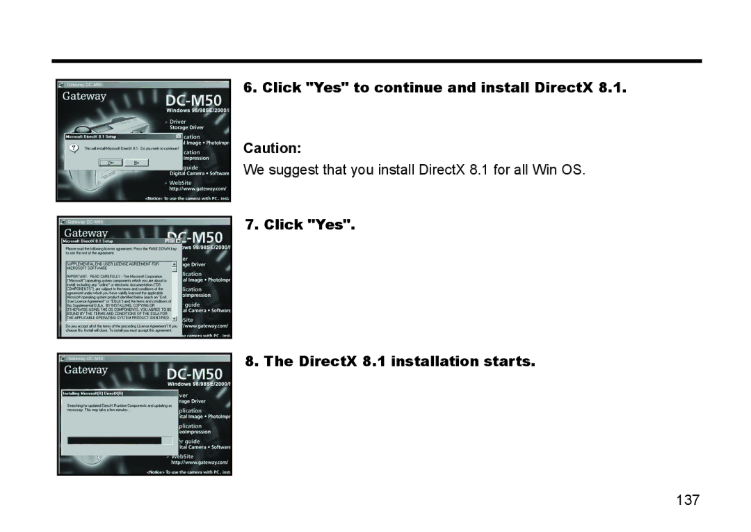 Gateway DC-M50 manual Click Yes to continue and install DirectX, Click Yes DirectX 8.1 installation starts 