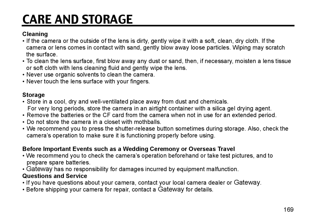 Gateway DC-M50 manual Care and Storage, Cleaning, Questions and Service 