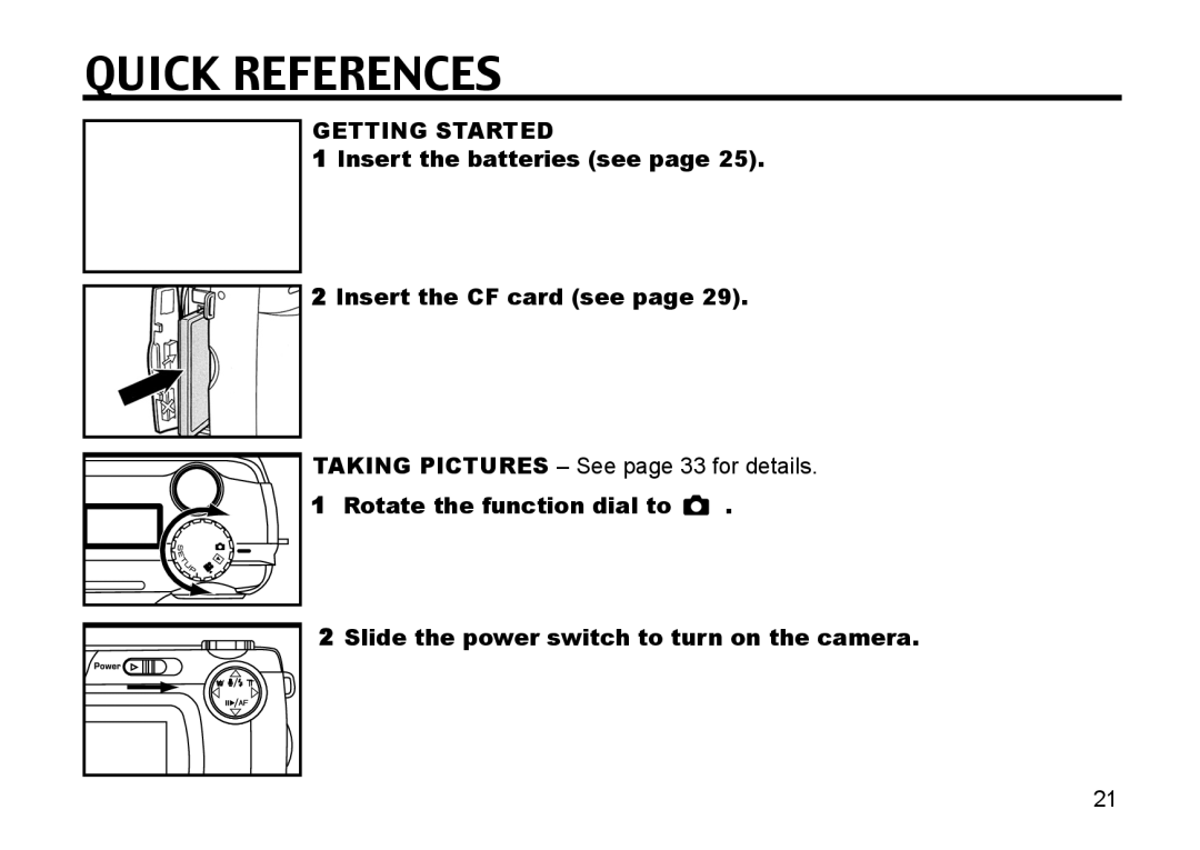 Gateway DC-M50 manual Quick References, Getting Started, Insert the batteries see Insert the CF card see 