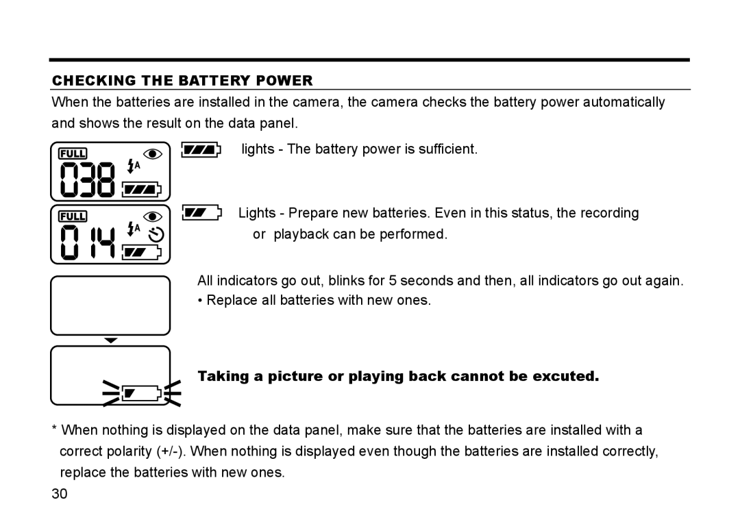 Gateway DC-M50 manual Checking the Battery Power, Taking a picture or playing back cannot be excuted 