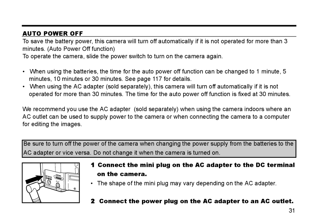 Gateway DC-M50 manual Auto Power OFF, Connect the power plug on the AC adapter to an AC outlet 