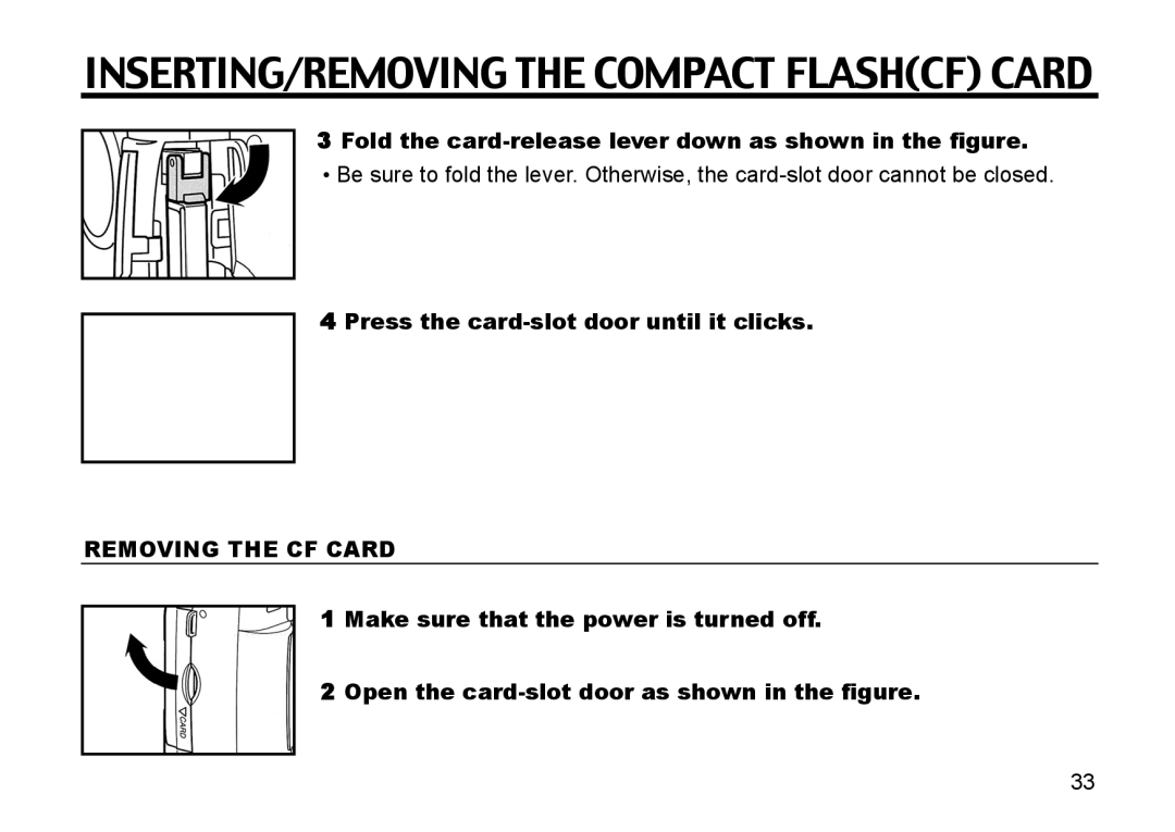 Gateway DC-M50 manual Fold the card-release lever down as shown in the figure, Press the card-slot door until it clicks 